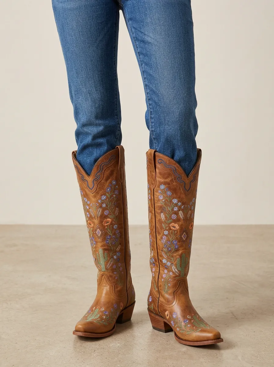 Women's Western Cactus Floral Geometric Embroidered Pointed-Toe Denim Over-the-Knee Boots