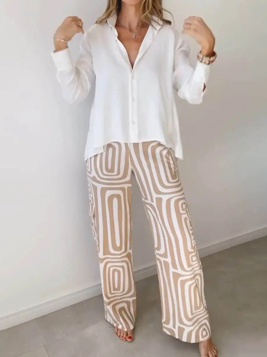 Long Sleeve Buttoned Lapel Blouse And Pants Set