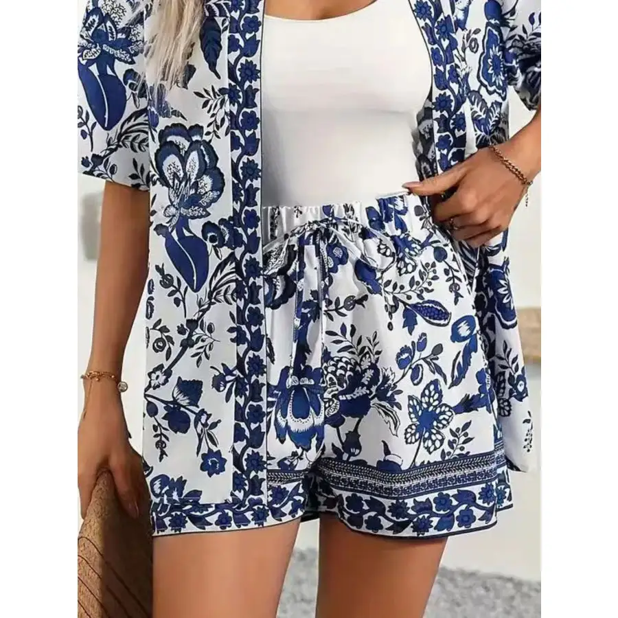 Printed Open Front Cardigan and Shorts Set