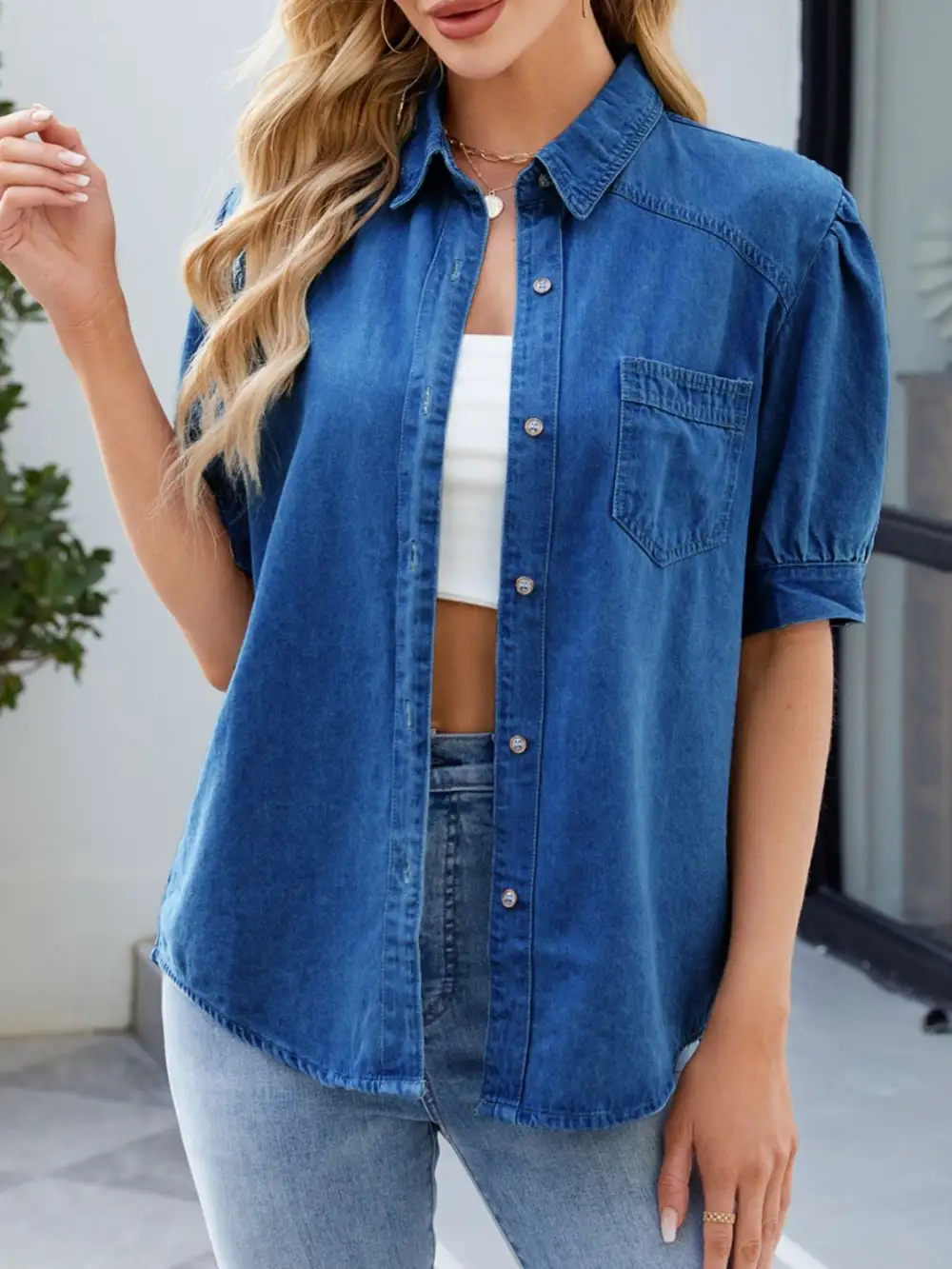 Puff Sleeve Button Down Denim Shirt