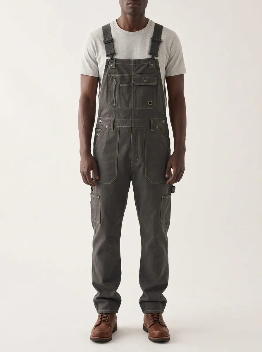 Men's Utility Workwear Charcoal Canvas Cargo Overalls