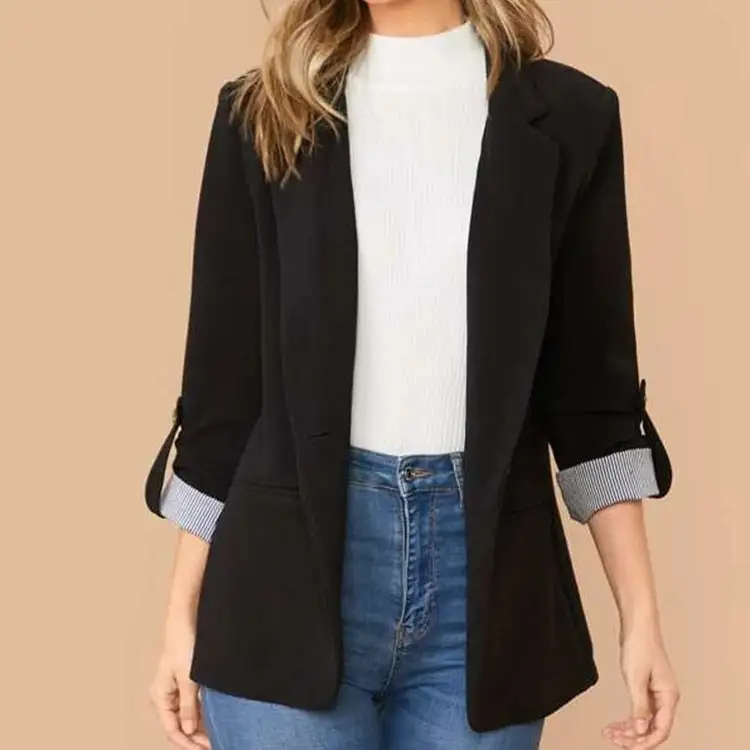 Lapel Collar Roll Tab Sleeve Blazer