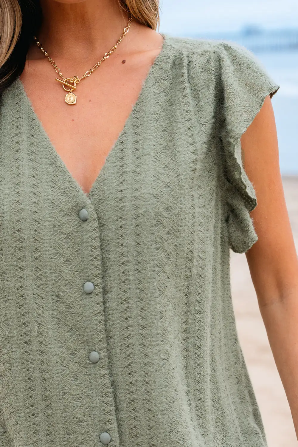 Laurel Green Flutter Sleeve Lace V Neck Shirt