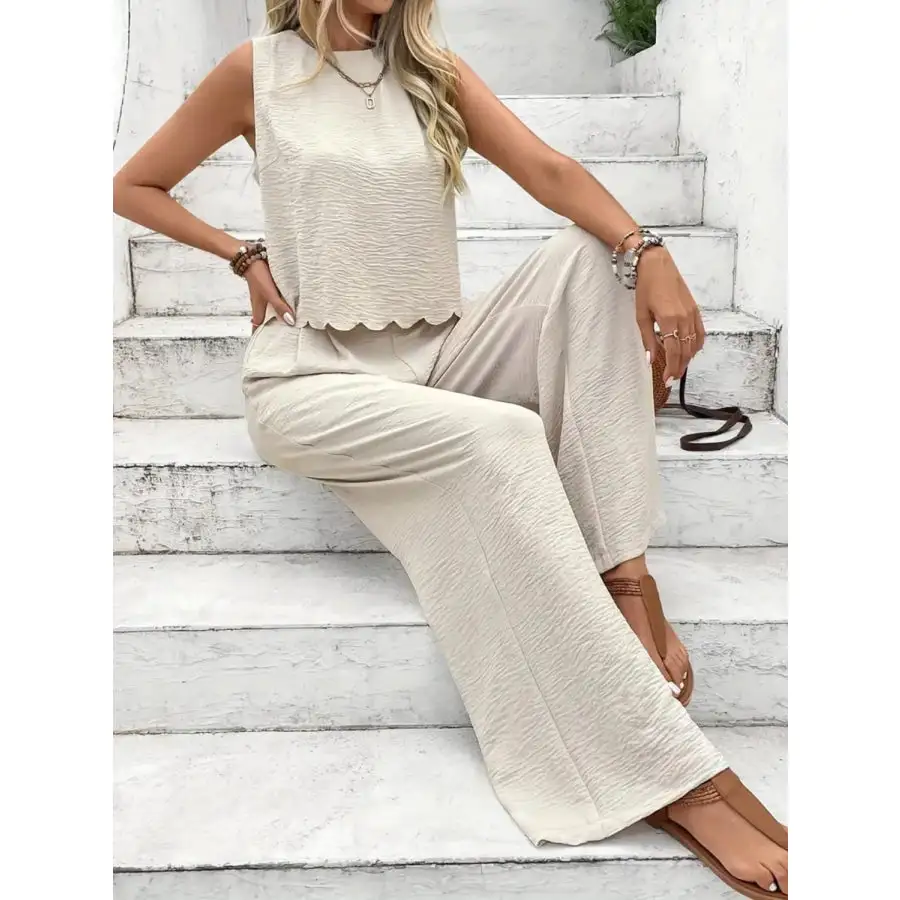 Tie Back Round Neck Top and Pants Set