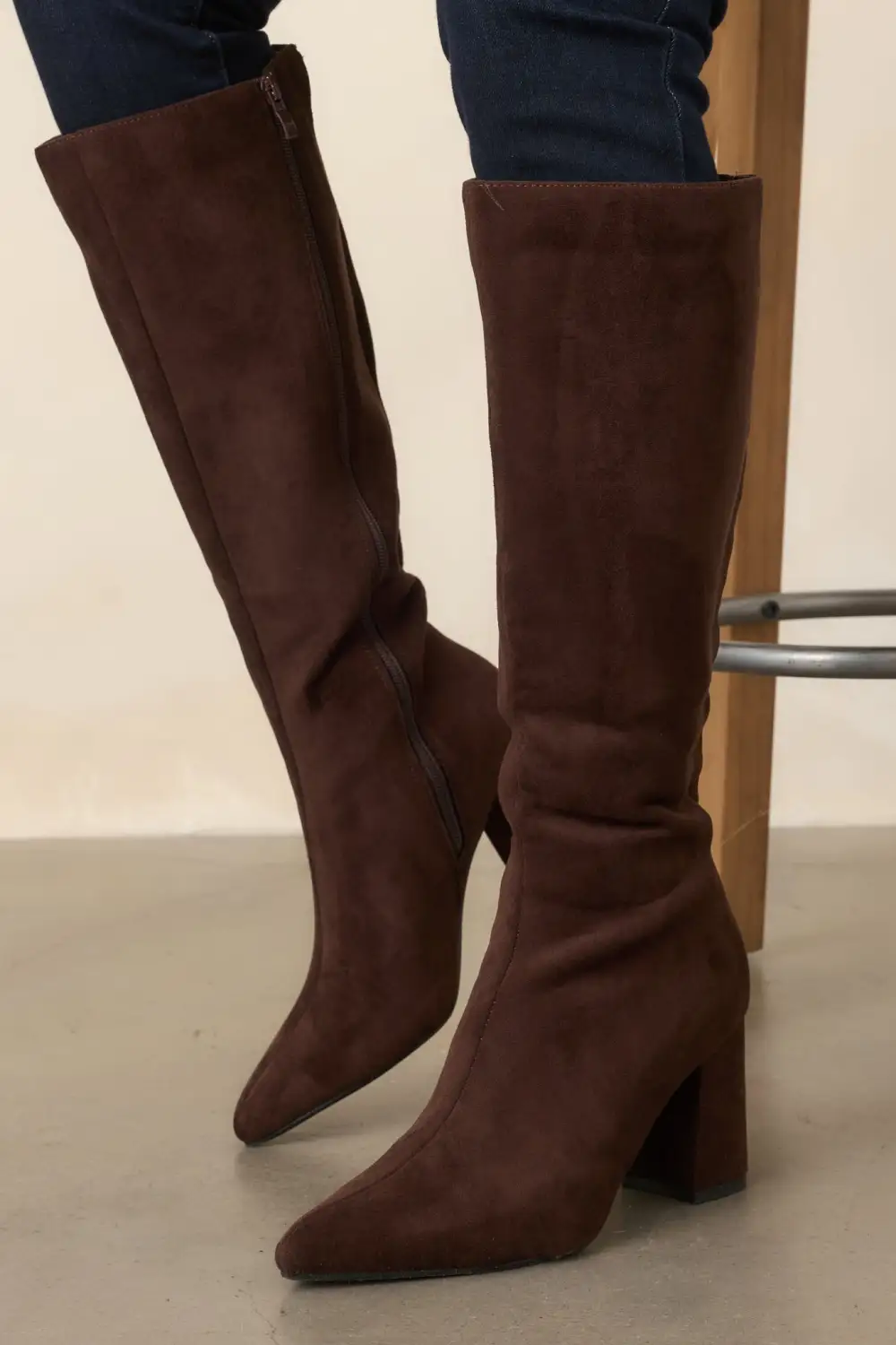 Faux Suede Pointed Toe Block Heel Knee High Boots