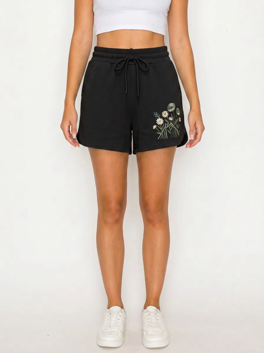 Women's Curved-Hem Wildflower-Embroidered Shorts