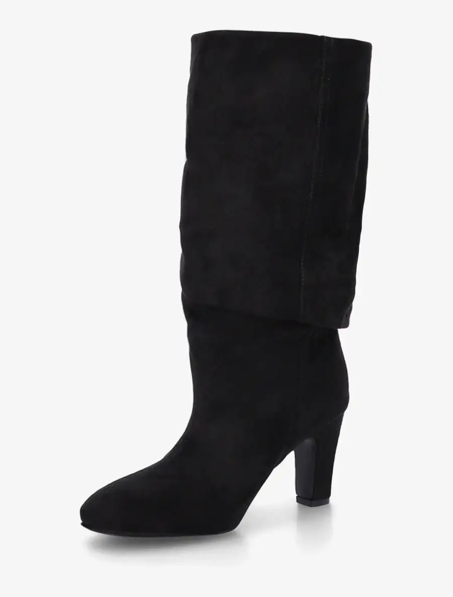 Polished Block Heel Ruched Faux Suede Knee High Boots