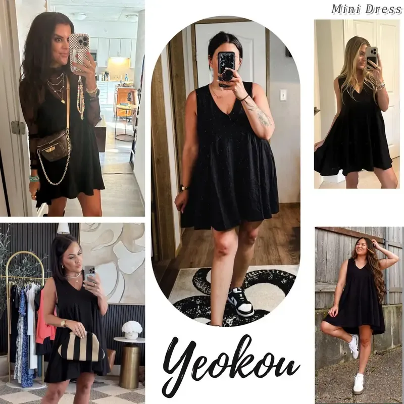 Women's Sleeveless Mini Dress Casual Loose V Neck Sundress with Pockets