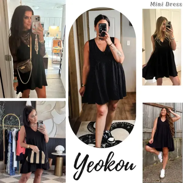 Women's Sleeveless Mini Dress Casual Loose V Neck Sundress with Pockets