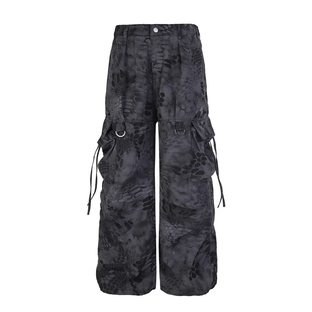 Snake-Pattern Camouflage Wide-Leg Cargo Pants