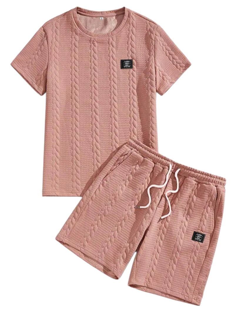 Men's Solid Textured Patched Tee & Drawstring Waist Shorts Set