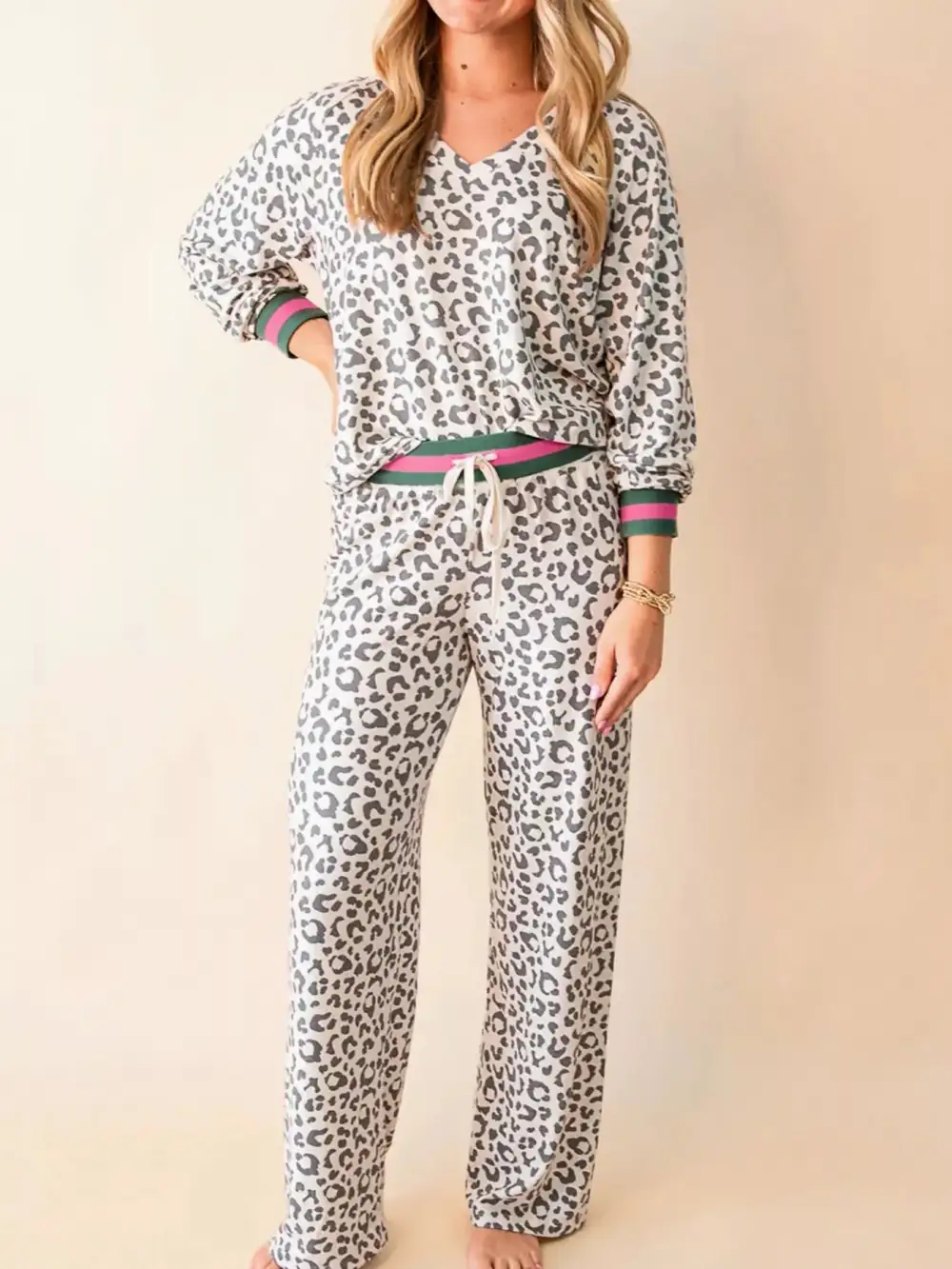 V Neck Leopard Long Sleeve Top Striped Webbing Patchwork Drawstring Pant Set