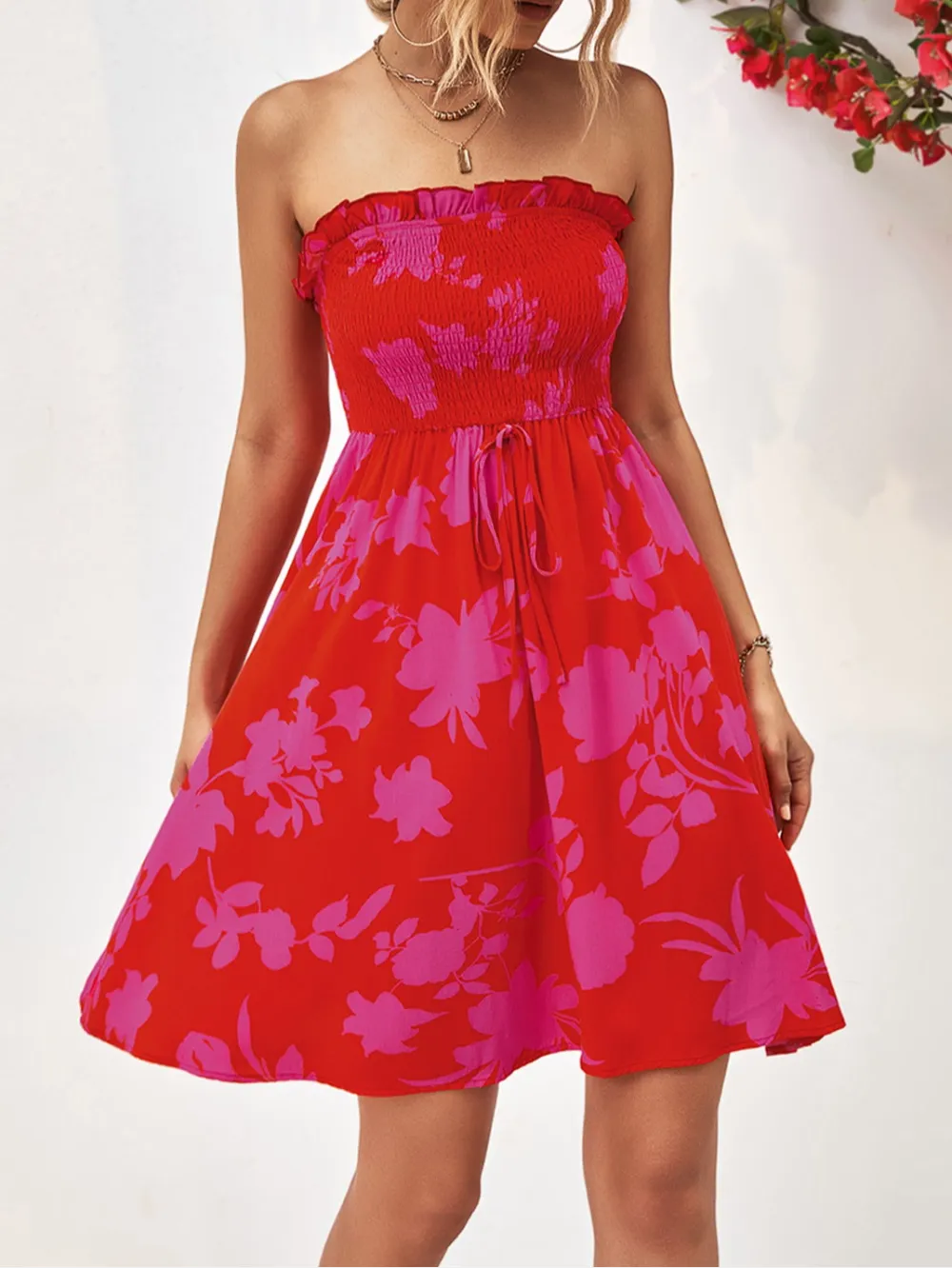 Floral Frill Trim Strapless Smocked Dress