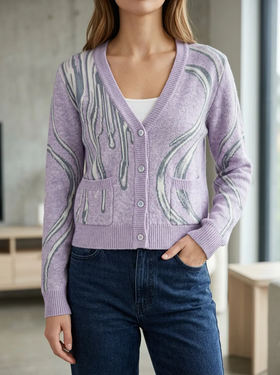 Women's Purple Abstract Drip Pattern Printed Cardigan