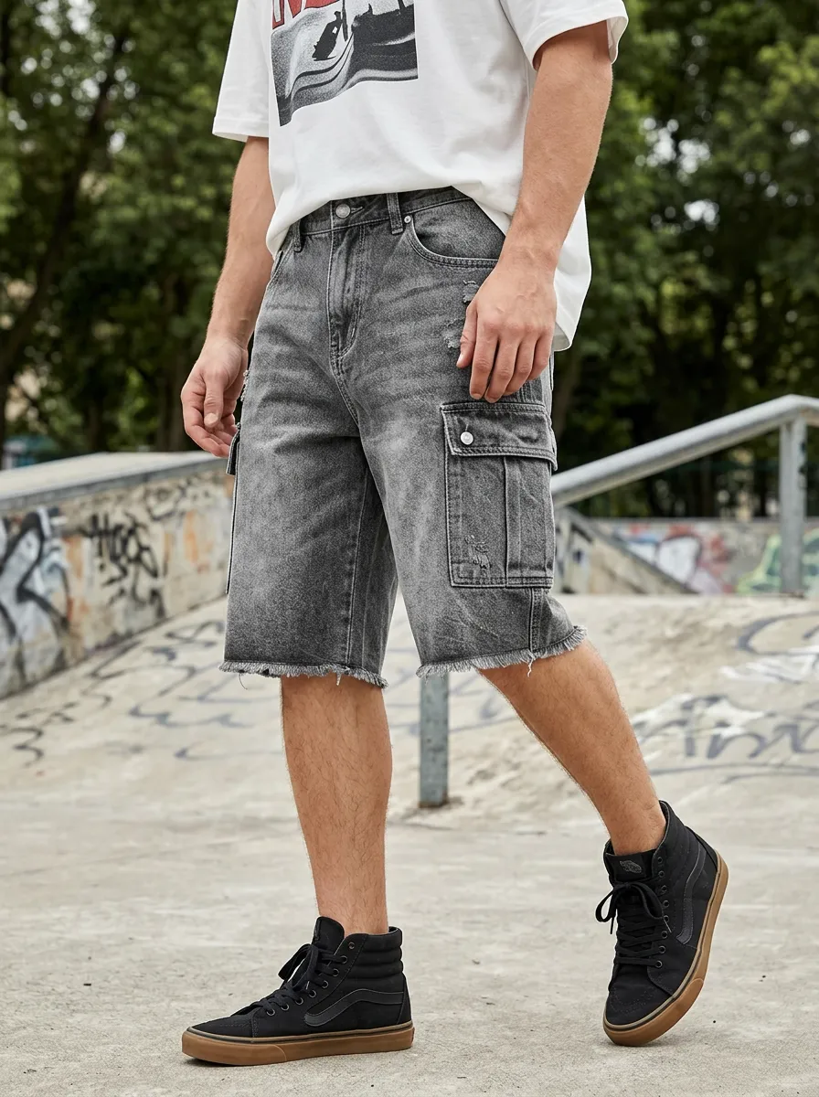Men's Streetwear Distressed Grey Cargo Denim Shorts