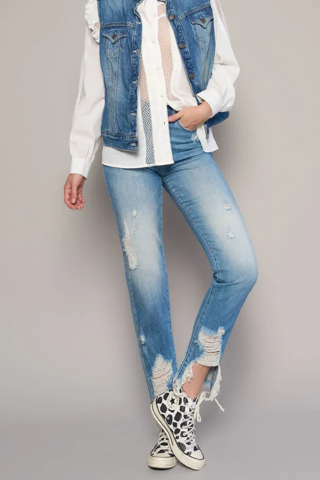 Women's High Rise Frayed Hem Ripped Girlfriend Rigid Denim Jeans