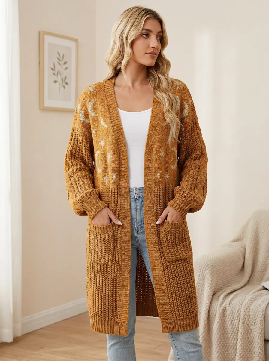 Women's Celestial Moon And Star Patterned Knit Long Cardigan