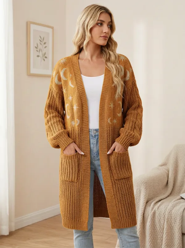Women's Celestial Moon And Star Patterned Knit Long Cardigan
