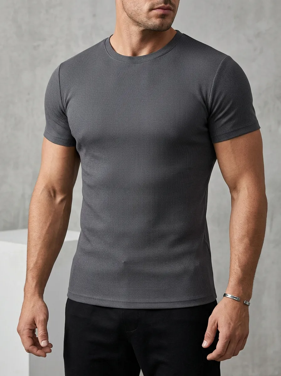 Streamlined Ribbed Crew Neck Detail Men's Slim Fit Short Sleeve T-Shirt