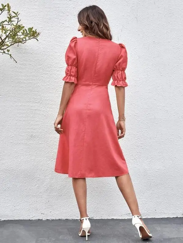Women Ruffle Cuff Button Front Dress