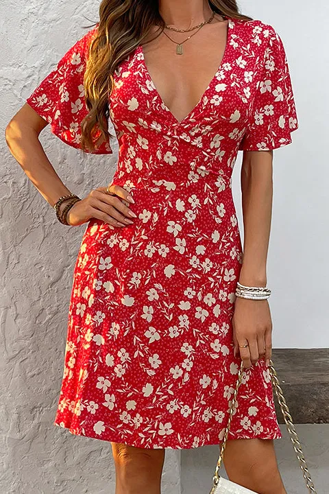 Floral Print V Neck Mini Dress