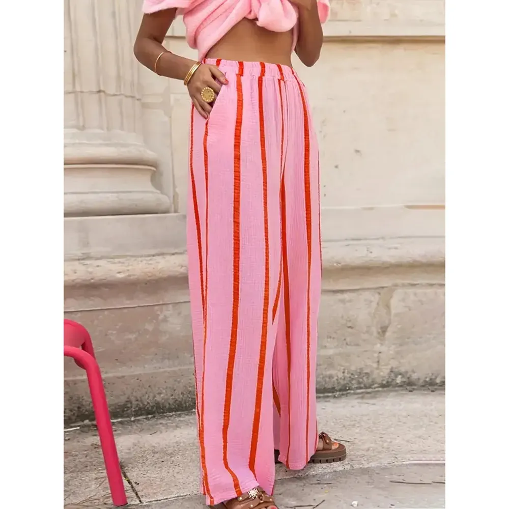 Women's Linen Striped Print Wide Leg Pants
