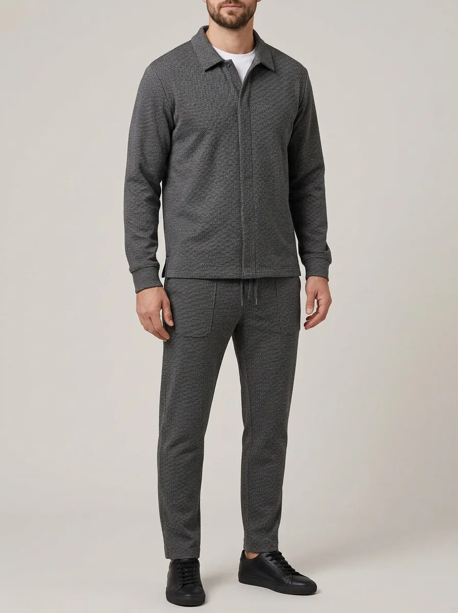 Men's Weekend Textured Polo Collar Jacket and Jogger Pants Set