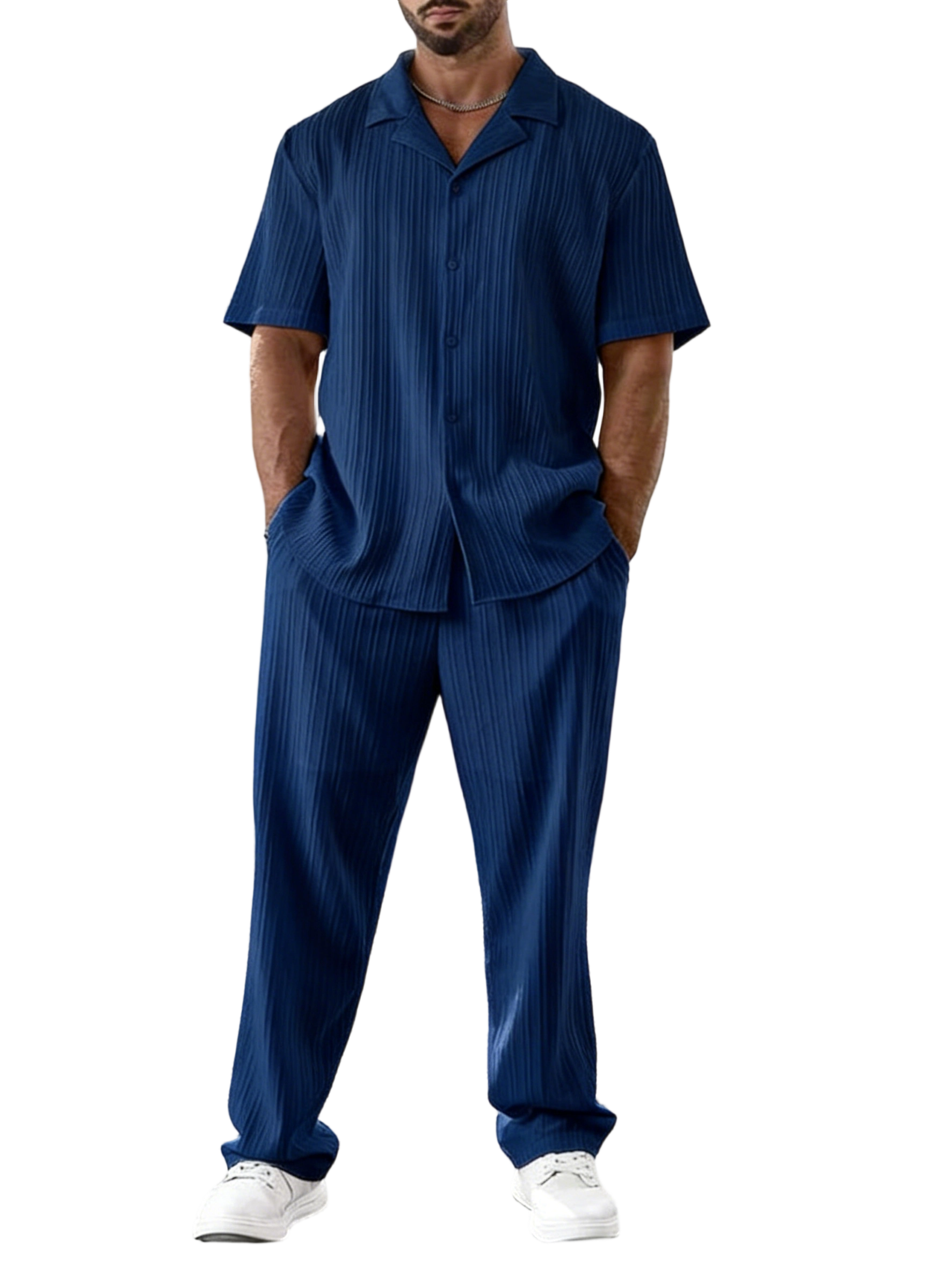 Men's Two-piece Suit Shirt and Elastic Waist Pants Set