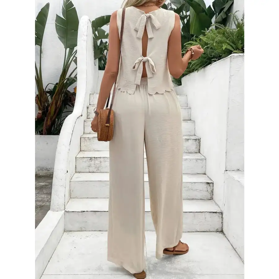 Tie Back Round Neck Top and Pants Set