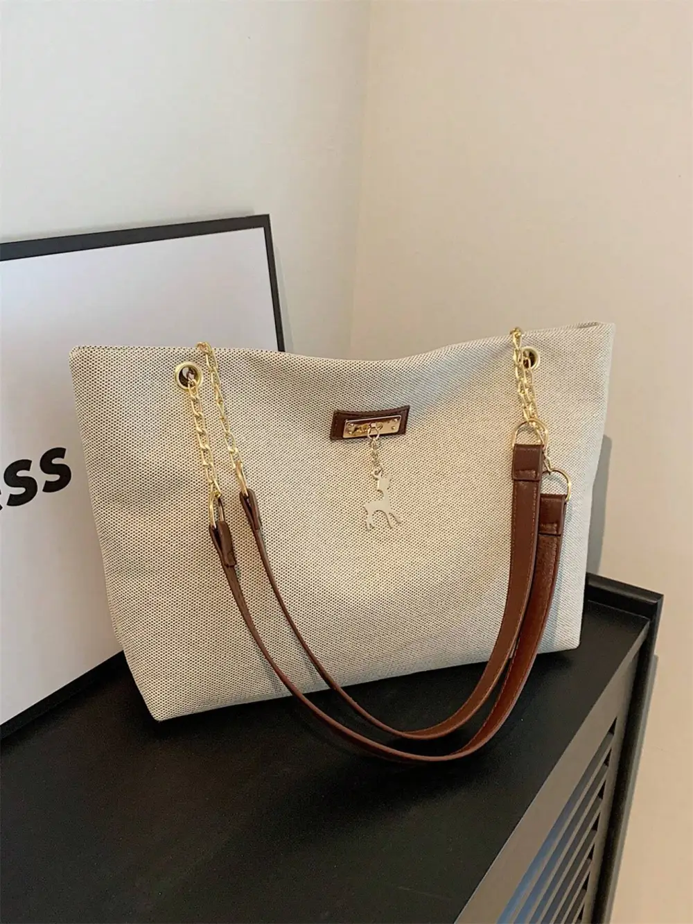 Polyester Deer Decoration Zipper Closure Shoulder Tote Bag