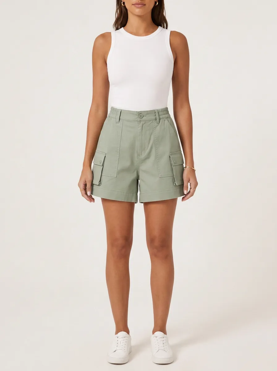 Casual Outdoor Sage Green Cargo Printed Shorts