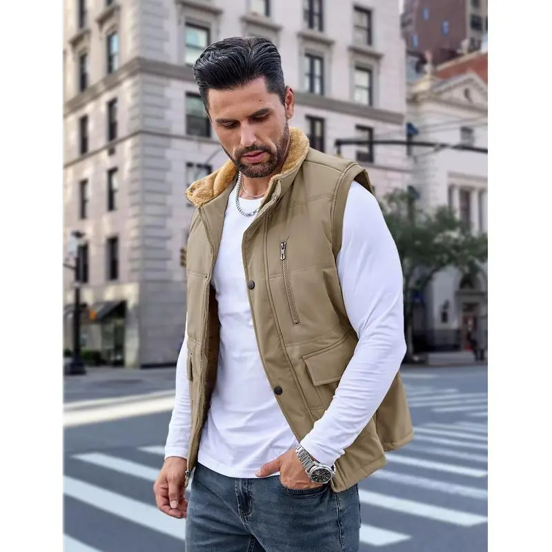 Mens Winter Vests Outerwear Fleece Lined Puffer Vest Warm Casual Quilted Vest Bubble Sherpa Vest Jacket