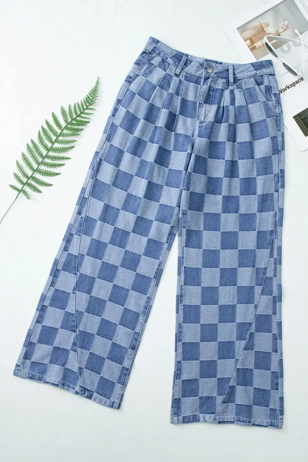 Checkered Wide Leg Pocket Denim Jeans
