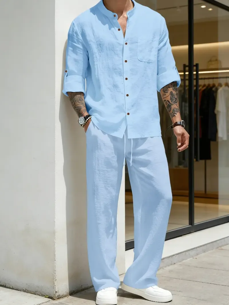 Men's Linen Stand Collar Long Sleeve Casual Suit