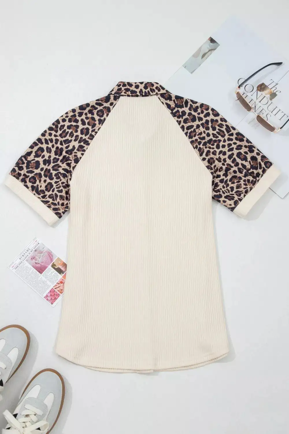 Ribbed Texture Button Down Leopard Patchwork Short Sleeve Shirt