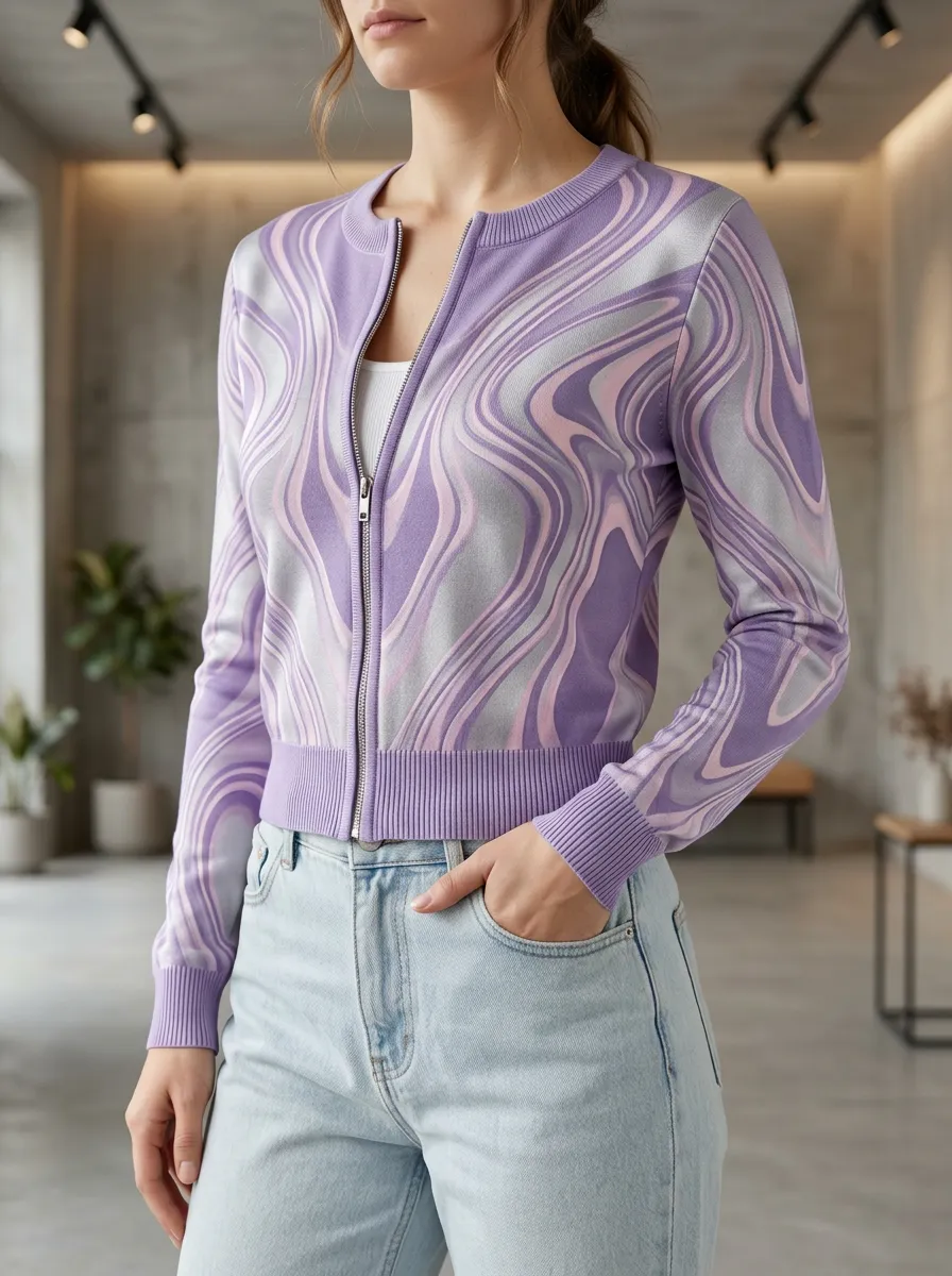 Women's Swirl Pattern Printed Zip-up Ribbed Trim Relaxed Layering Cardigan