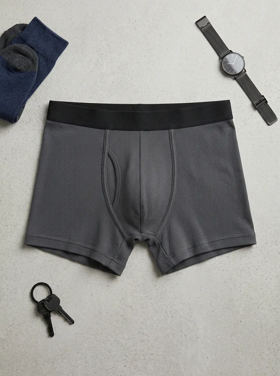 Men's Solid Charcoal Ribbed Cotton Printed Boxer Briefs