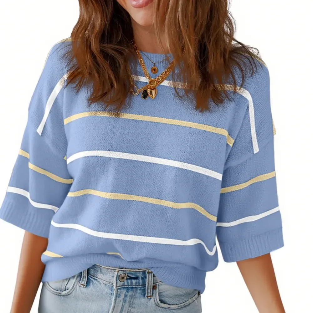 Women'S Short-Sleeved Striped Sweatshirt For Spring And Summer