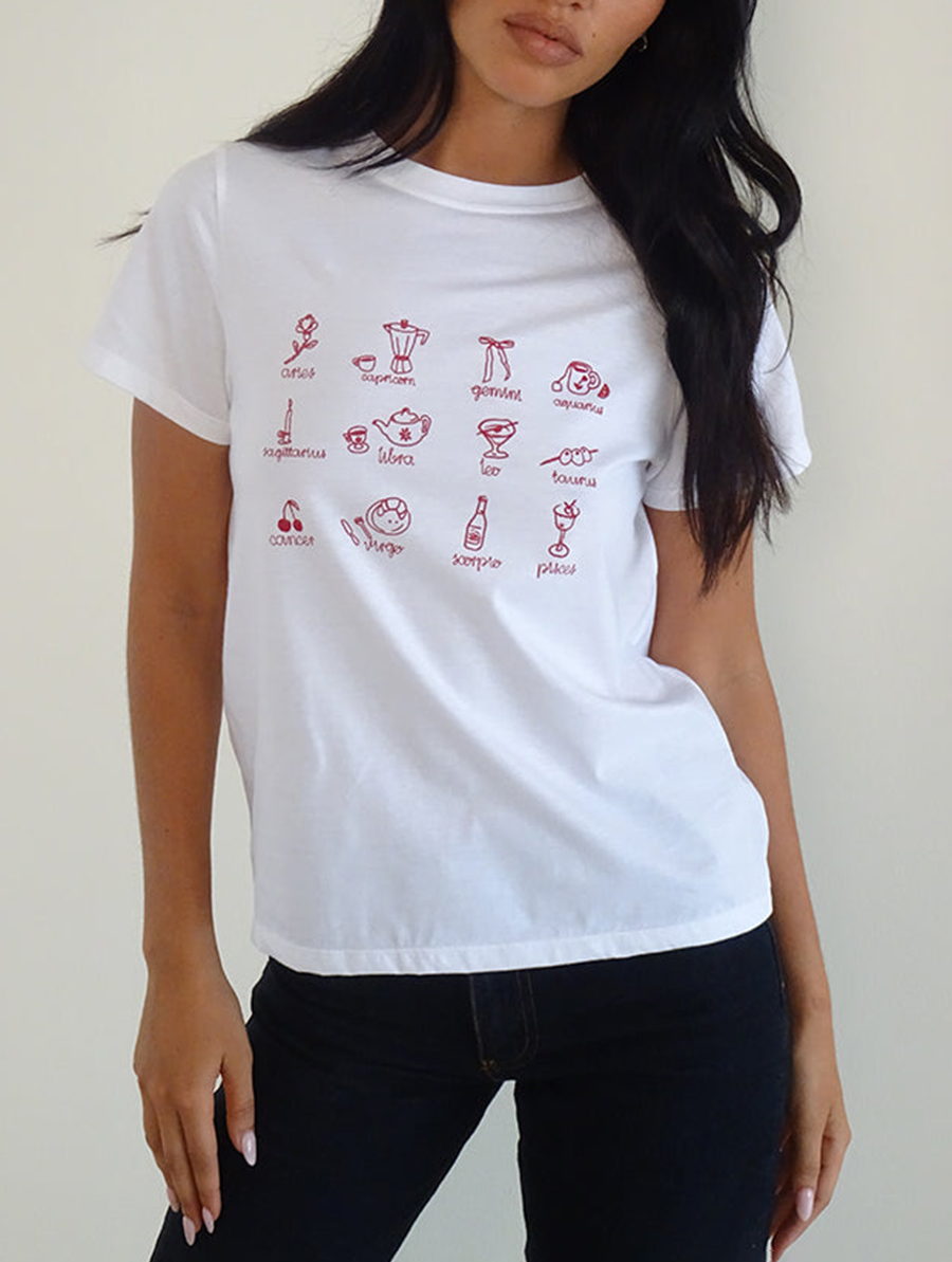 White With Red Star Signs Print Tee