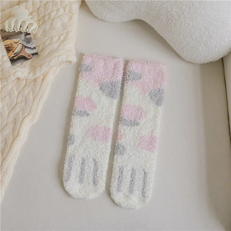 Coral Fleece Cat Paw Mid Calf Socks