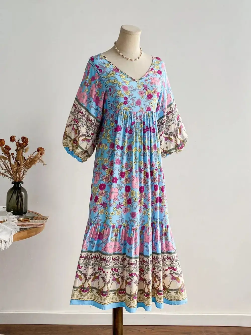 Plus Size Floral Print V Neck Dress