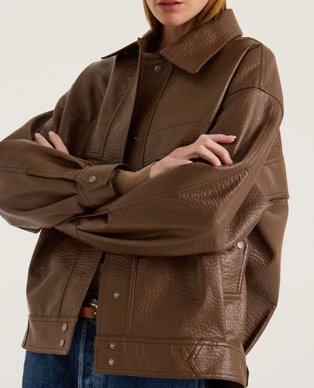 Pecan Boxy Faux Leather Jacket