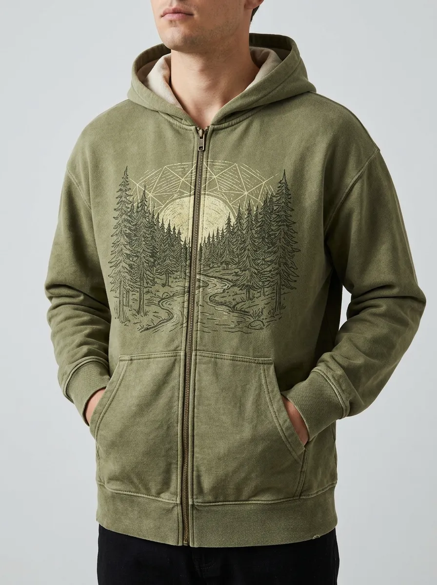 Men's Nature Lover Forest River Geometric Sun Printed Zip Up Hoodie