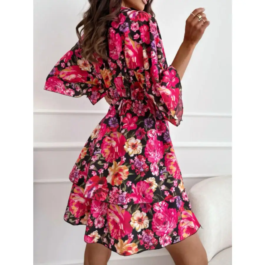 Print V-neck Ruffle Mini Dress