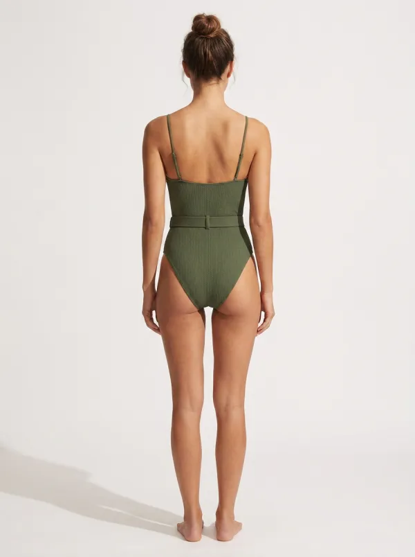 Women's Ribbed Belted Cutout One Piece Swimsuit