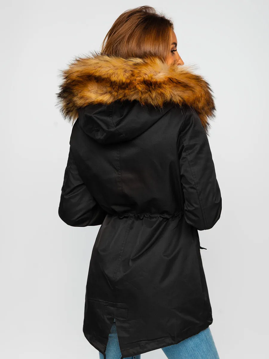 Black women's winter parka jacket with hood