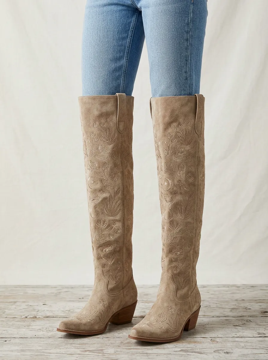 Women's Western Floral Embroidered Pointed-Toe Block-Heel Stacked-Heel Knee Denim Over-the-Knee Boots