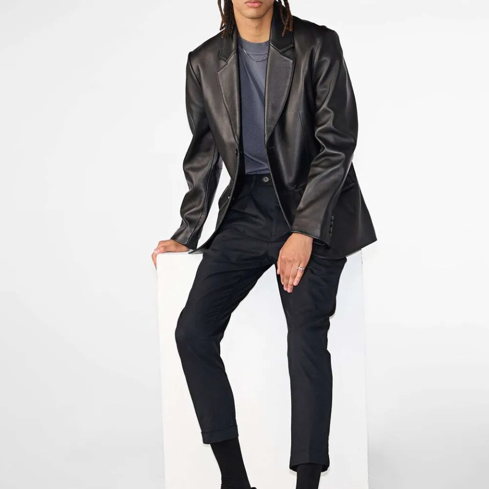 Casual Structured Notched Lapel Leather Blazer