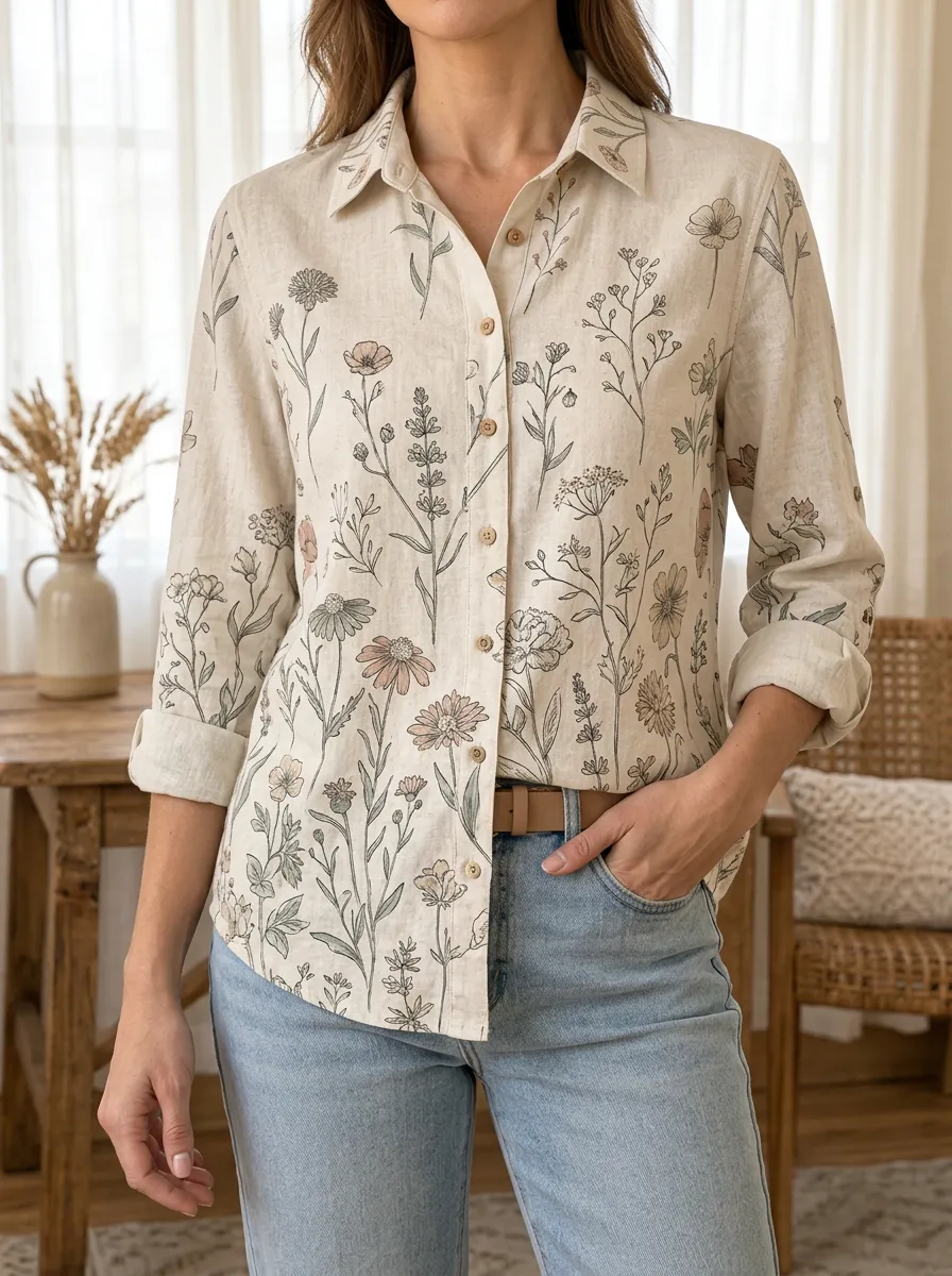 Women's Botanical Wildflower Printed Linen Shirt