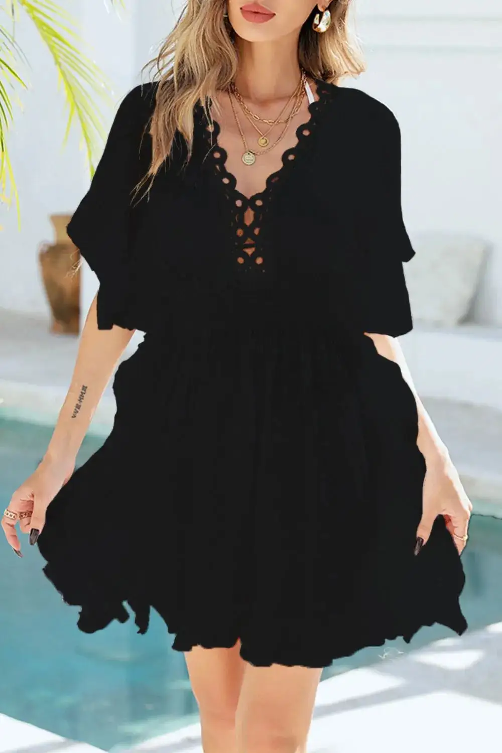 Ruffled Smocked Waist V Neck Swim Cover Up